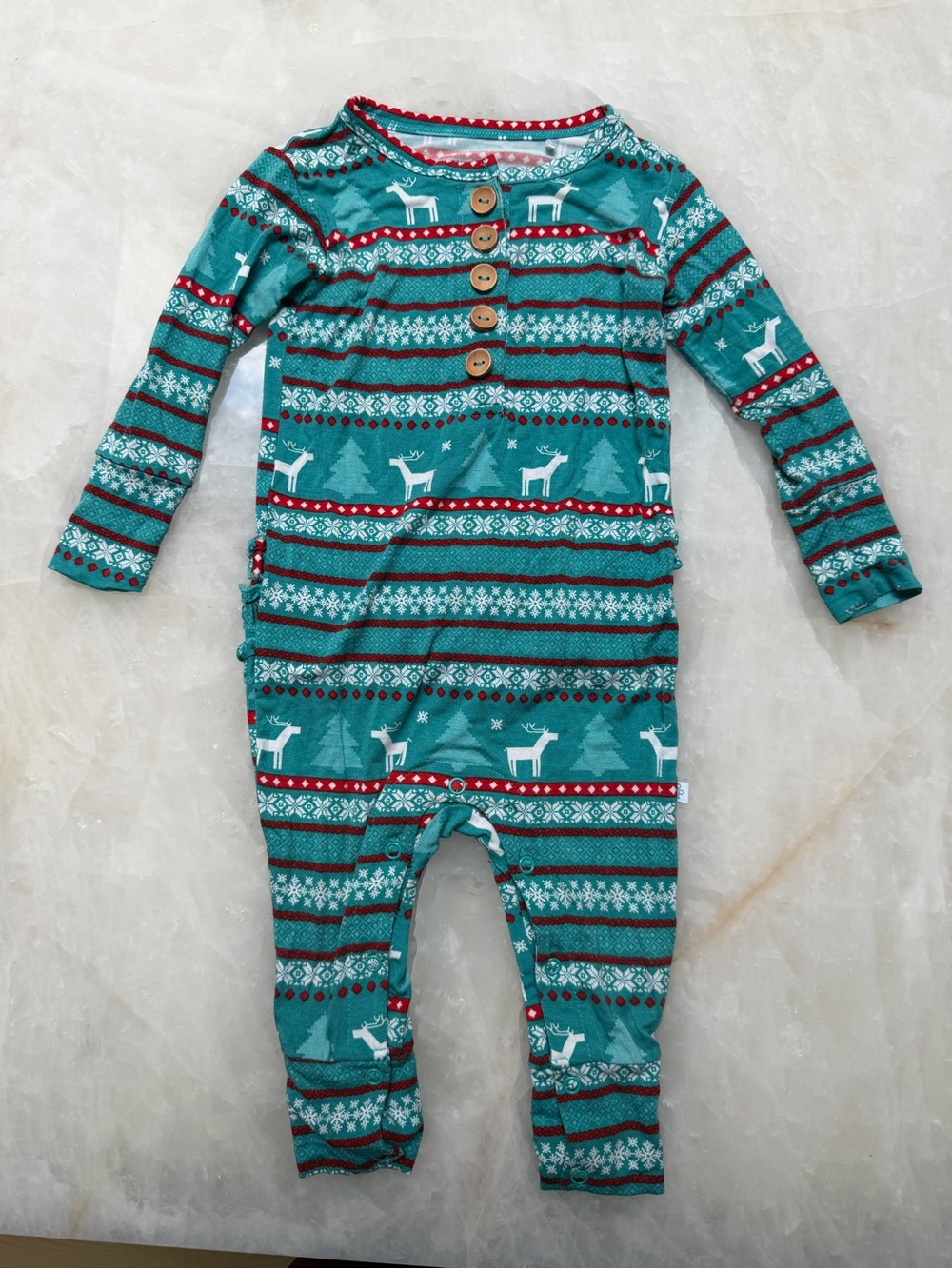 Posh Peanut Teal Red White Holiday Reindeer ruffle butt One-Piece